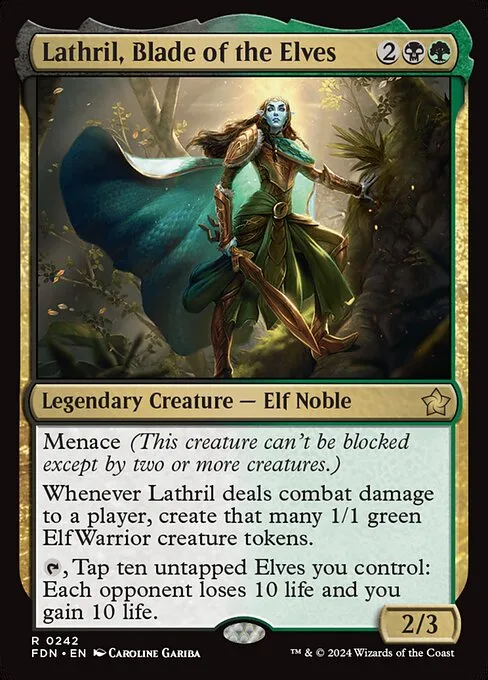 Lathril, Blade of the Elves card showing her ability to create Elf tokens on combat damage and a tap-ten-Elves drain ability
