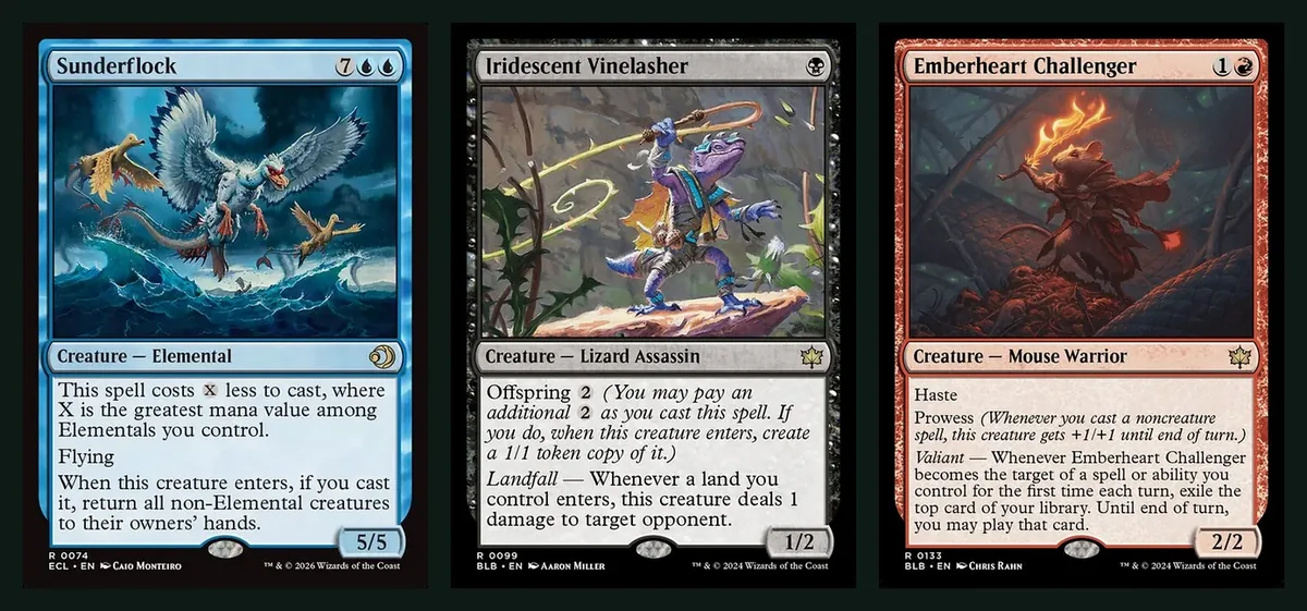 Full card images of Sunderflock, Iridescent Vinelasher and Emberheart Challenger, creatures that appear in the cheapest top-32 lists