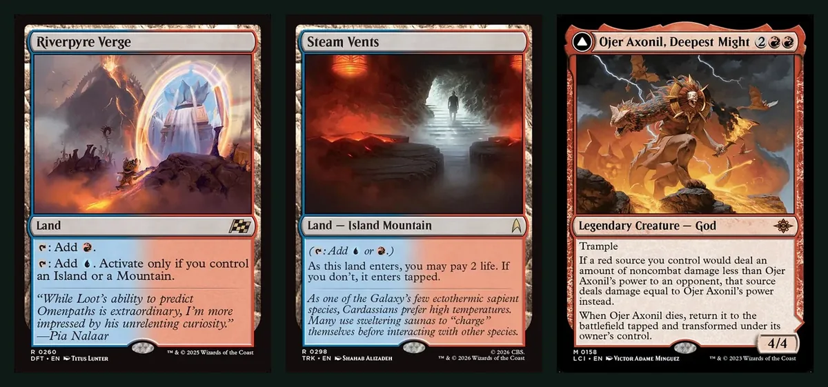Full card images of Riverpyre Verge, Steam Vents and Ojer Axonil, Deepest Might, three of the most expensive cards in the cheaper lists