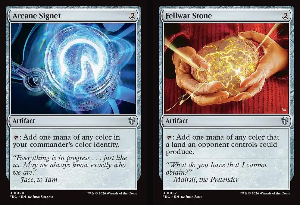 Arcane Signet and Fellwar Stone artifact cards, both two-mana rocks that tap for colored mana matching the commander's identity