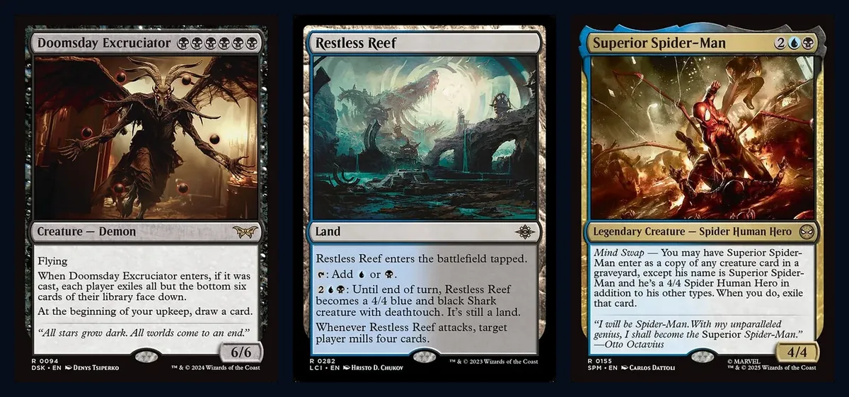 Doomsday Excruciator, Restless Reef and Superior Spider-Man card faces side by side on a dark background