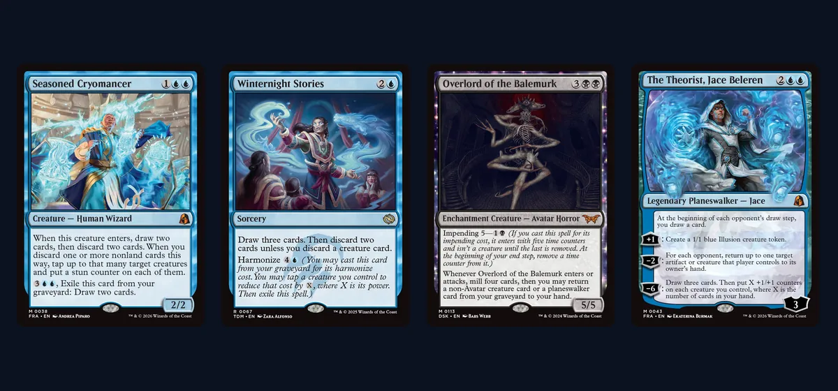 Seasoned Cryomancer, Winternight Stories, Overlord of the Balemurk and The Theorist card faces side by side, the cards that fill Dimir Reanimator's graveyard and keep its hand full
