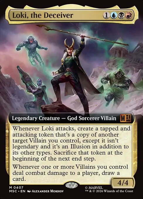 Loki, the Deceiver card showing its rules text: creates an attacking token copy of a Villain when Loki attacks, and draws a card when Villains deal combat damage