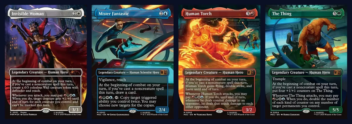 The four Fantastic Four face commanders, Invisible Woman, Mister Fantastic, Human Torch and The Thing, shown side by side
