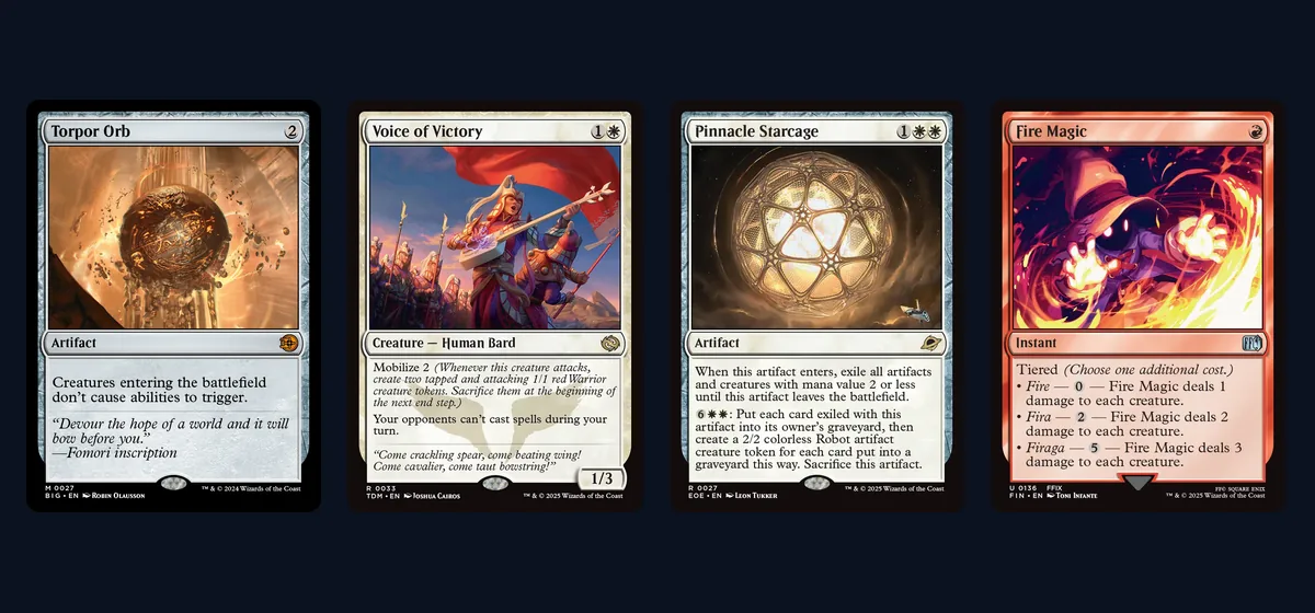 Torpor Orb, Voice of Victory, Pinnacle Starcage and Fire Magic card faces side by side, four cards from decks that beat Dimir Midrange