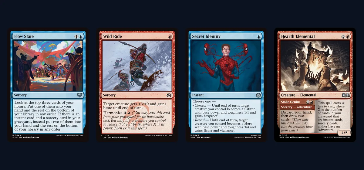 Flow State, Wild Ride, Secret Identity and Hearth Elemental card faces side by side, four of the spells that keep Izzet Prowess's creatures attacking