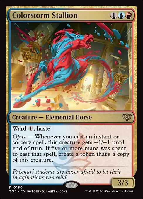 Colorstorm Stallion, a red and blue Elemental Horse with ward 1 and haste, whose Opus ability grows it and can copy itself off a big spell