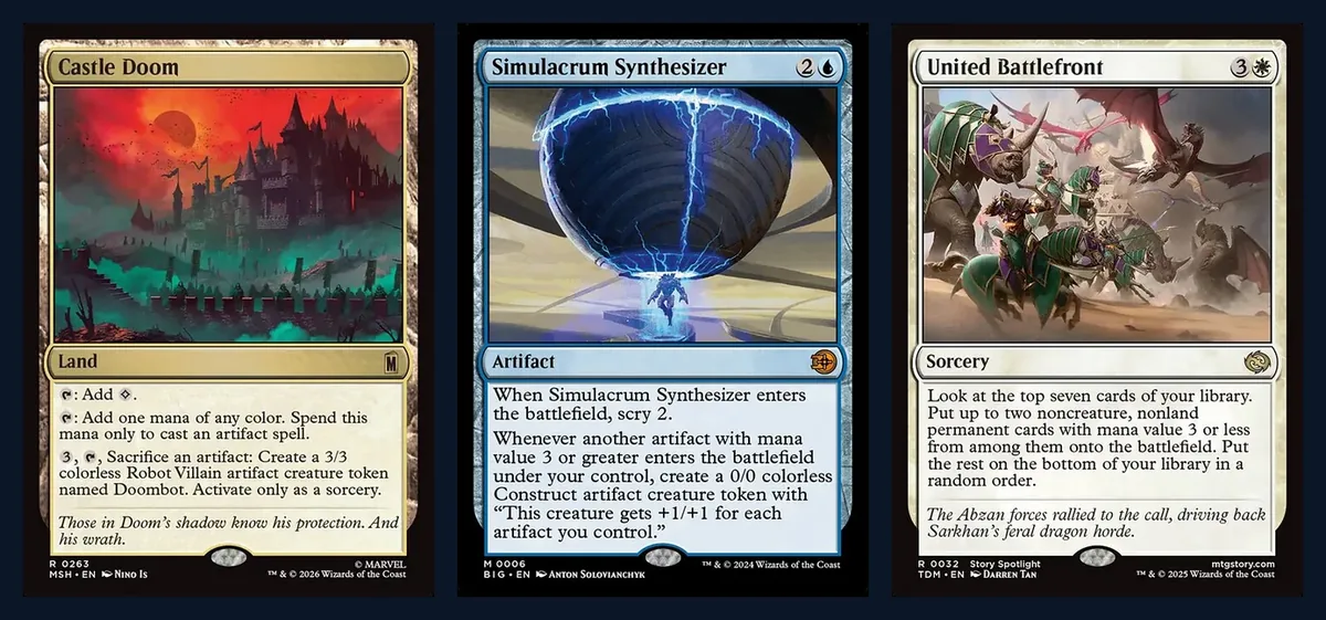 Full card images of Castle Doom, Simulacrum Synthesizer and United Battlefront, three of the cards the Castle Doom lists are built around
