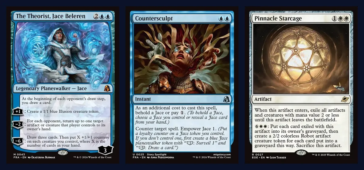 Full card images of The Theorist, Jace Beleren, Countersculpt and Pinnacle Starcage, cards from the Azorius Jace build