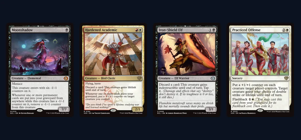 Moonshadow, Hardened Academic, Iron-Shield Elf and Practiced Offense card faces side by side, four of the cards that turn discards into damage in Mardu Discard