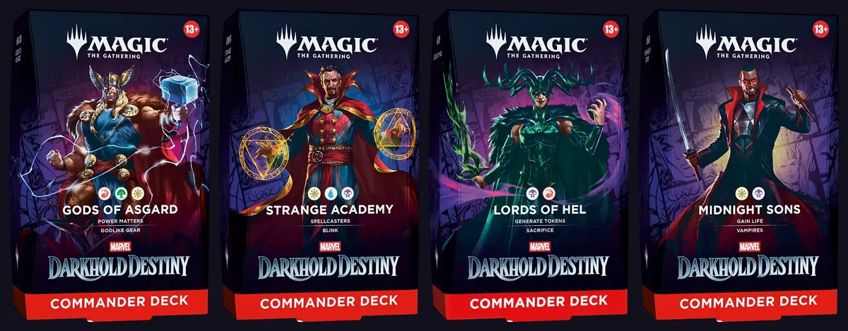 The four Darkhold Destiny Commander deck boxes side by side: Gods of Asgard with Thor, Strange Academy with Doctor Strange, Lords of Hel with Hela, Midnight Sons with Blade