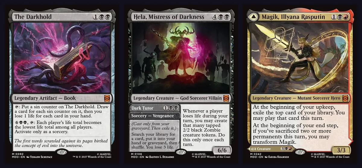 The Darkhold, a three-mana legendary Book artifact; Hela, Mistress of Darkness with her Vengeance spell Dark Tutor; and Magik, Illyana Rasputin, a black-red double-faced Sorcerer Hero