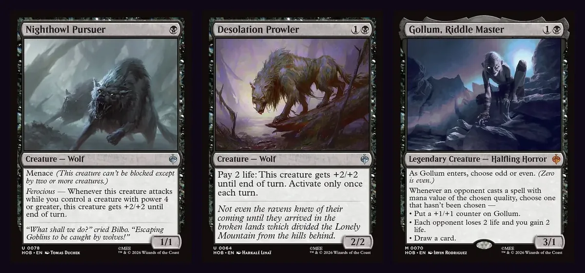 Nighthowl Pursuer, Desolation Prowler and Gollum, Riddle Master card faces side by side on a dark background