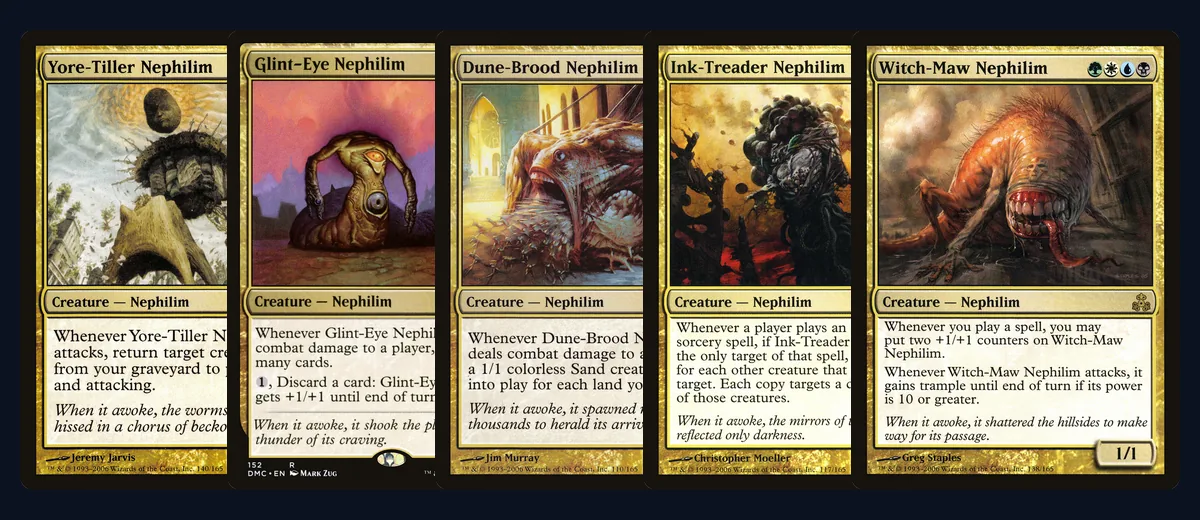 The five Guildpact Nephilim side by side: Yore-Tiller, Glint-Eye, Dune-Brood, Ink-Treader and Witch-Maw