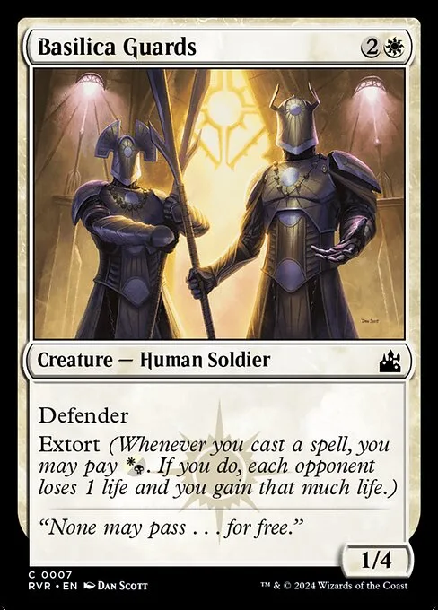 Basilica Guards card with a {2}{W} mana cost and italicized Extort reminder text mentioning a {W/B} symbol below the Defender keyword