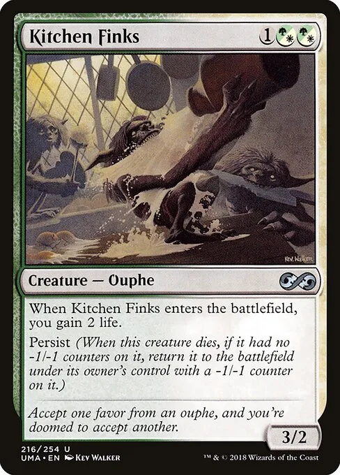 Kitchen Finks card showing its {1}{G/W}{G/W} mana cost in the top right corner, a green Ouphe creature card with Persist