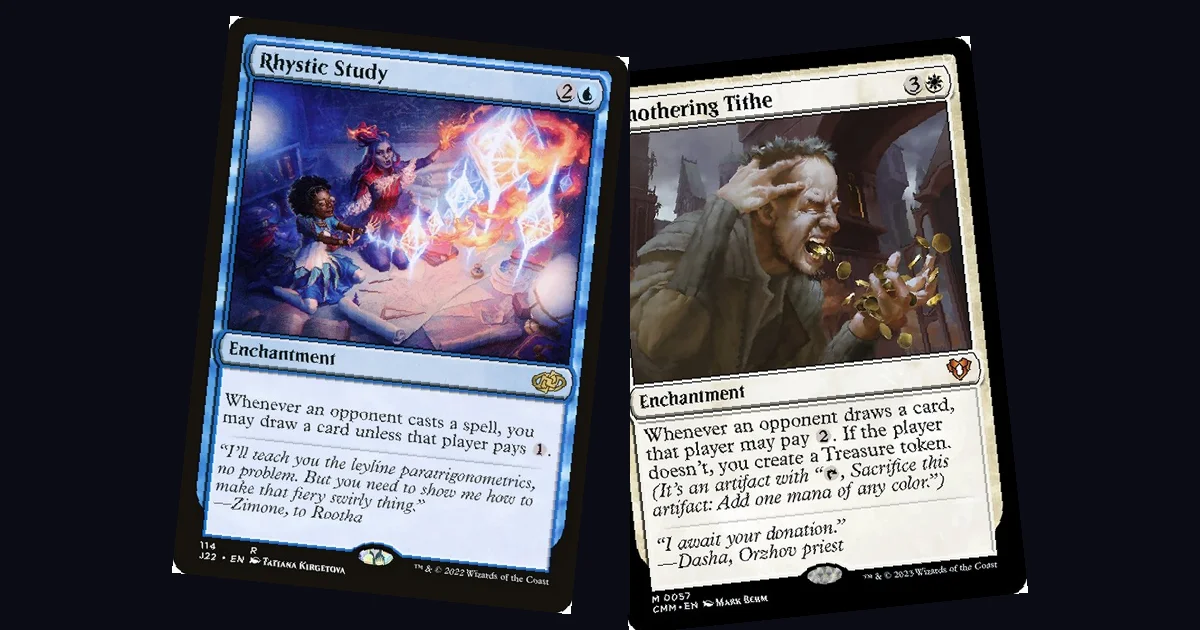 Rhystic Study and Smothering Tithe side by side, two cards from the 53-card Game Changers list that anchors the Commander Bracket system