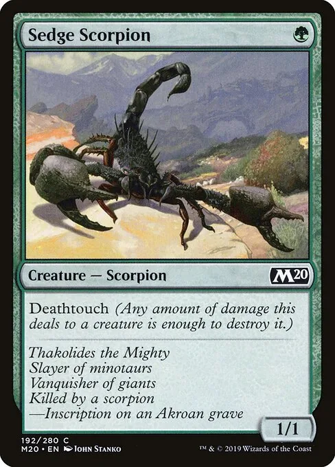 Sedge Scorpion, a green 1/1 Scorpion creature card with the deathtouch keyword and its reminder text