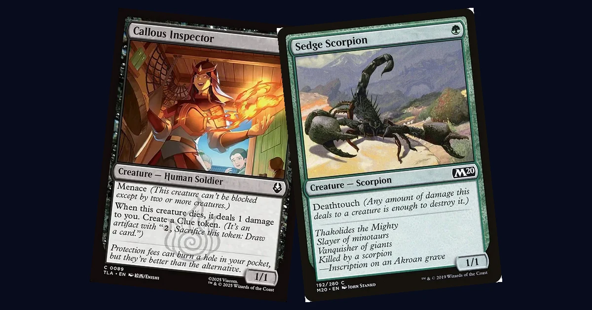 Callous Inspector and Sedge Scorpion card art side by side, the two cards illustrating menace and deathtouch