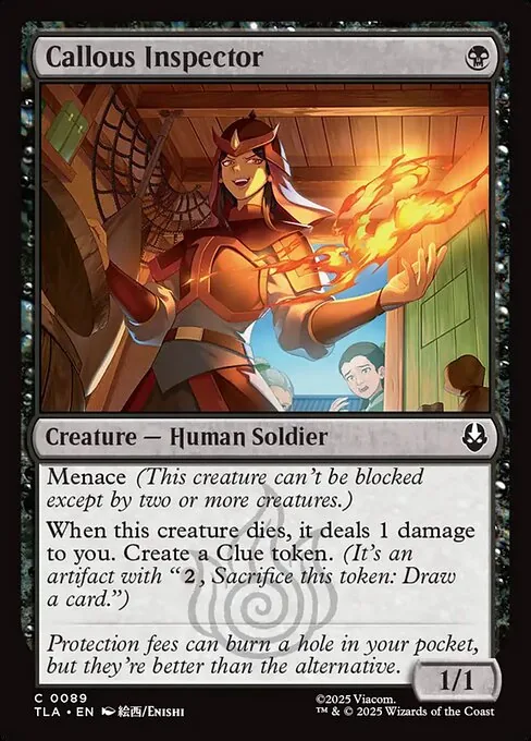 Callous Inspector, a black Human Soldier creature card showing the menace keyword and its reminder text