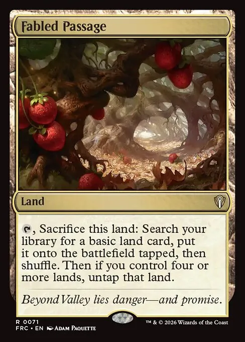 Fabled Passage land card, showing its ability to sacrifice itself and search for a basic land of any color you need