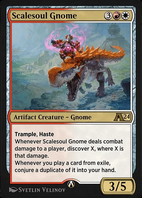 Scalesoul Gnome, a red and white artifact creature whose combat damage triggers a discover ability equal to the damage dealt