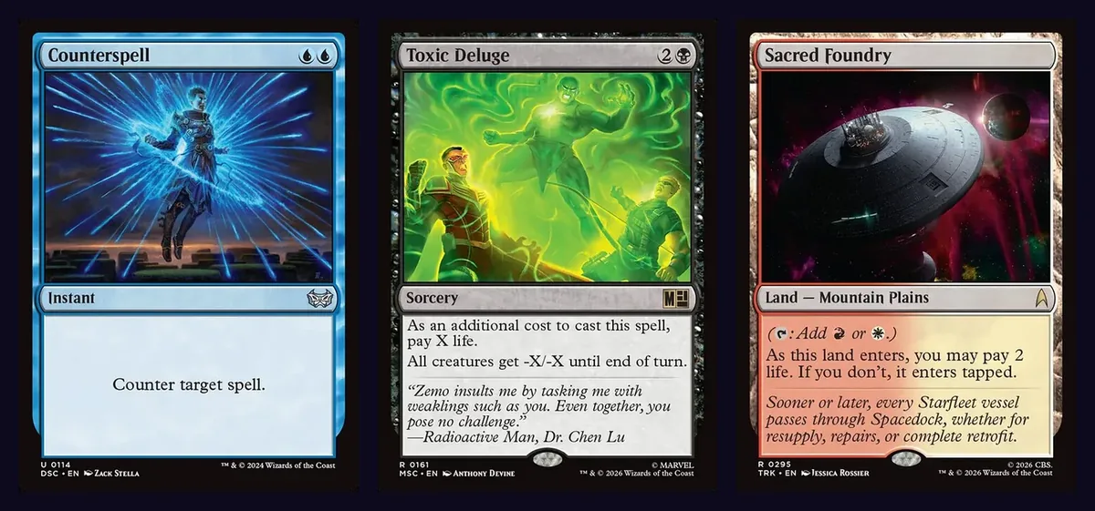 Counterspell, Toxic Deluge and Sacred Foundry card faces side by side on a dark background