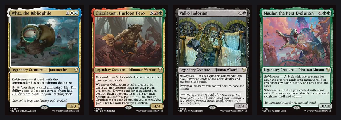 Whtz, the Bibliophile, Grizzlegom, Hurloon Hero, Valko Indorian and Maular, the Next Evolution card faces side by side, each with its Rulebreaker line
