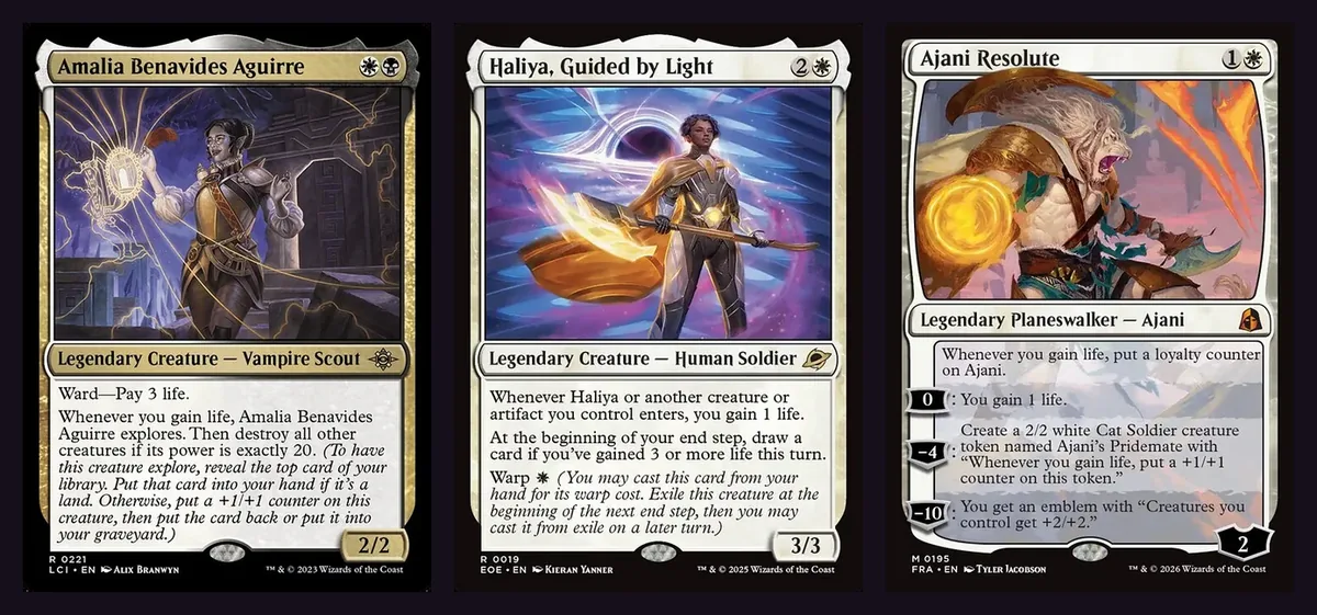 Full card images of Amalia Benavides Aguirre, Haliya, Guided by Light and Ajani Resolute, three of the cards the Orzhov lifegain lists build around