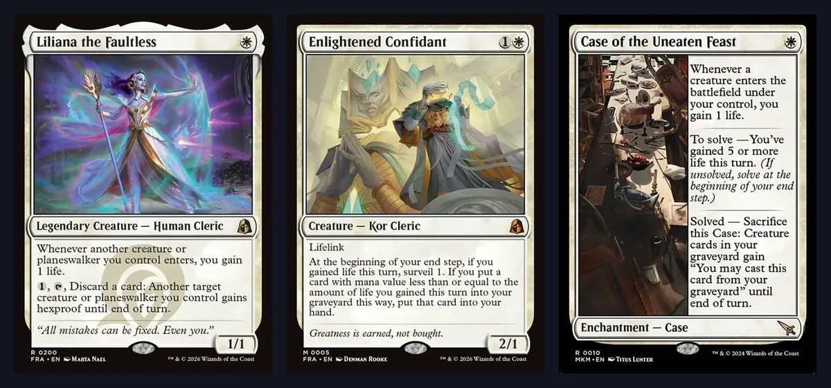 Full card images of Liliana the Faultless, Enlightened Confidant and Case of the Uneaten Feast, three of the cards the Orzhov lifegain lists play
