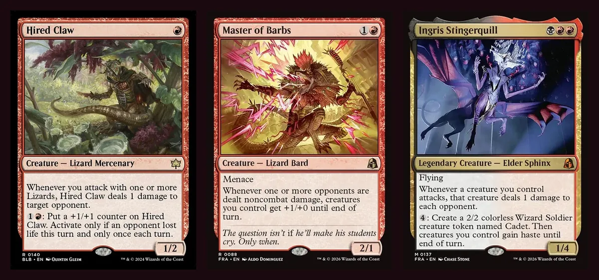 Full card images of Hired Claw, Master of Barbs and Ingris Stingerquill, the three cards the Rakdos Stingerquill lists build around