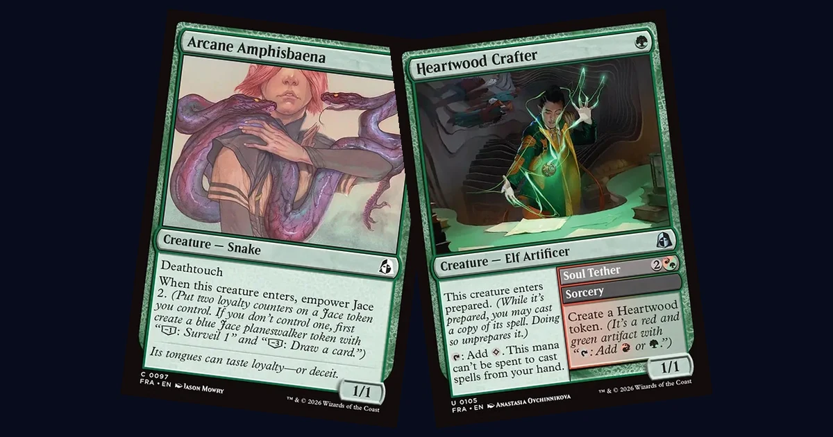 Arcane Amphisbaena and Heartwood Crafter card art side by side, the two Reality Fracture cards illustrating Empower Jace and Heartwood tokens