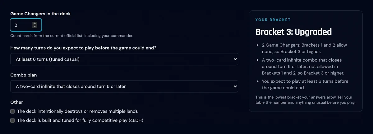 BaseMTG's Commander Bracket Calculator with two Game Changers, at least six turns and a late two-card combo entered, returning Bracket 3: Upgraded