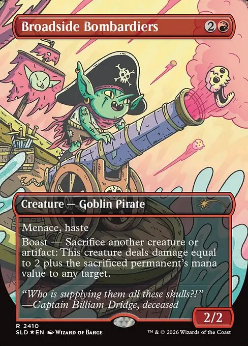 Broadside Bombardiers card, one of the borderless foil cards included in the 2026 Secret Lair Commander Deck: Goblin Storm