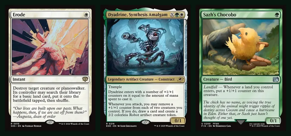 Erode, Dyadrine, Synthesis Amalgam and Sazh's Chocobo card faces side by side on a dark green background